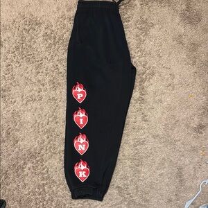 PINK Victoria's Secret ladies Black Joggers with Red Heart Flame Design